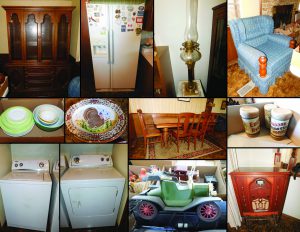 8/29  Household, Kitchenware, Collectibles, Antiques, Furniture, Grandfather clock, Glassware, Washer, Dryer, Refrigerator