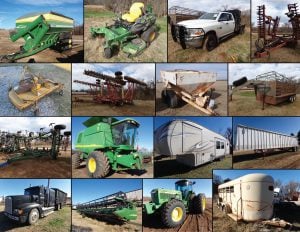1/29 Combines – Headers- Truck – Tillage – Stock Trailers – Grain Trailers – Fert Spreader – Feed Pick up  – Travel  Trailer – Motor Grader