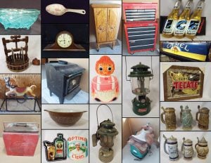 4/3 X Box – Cameras – Lamps – Banks – Cookie Jars – Clocks – Books  – Steins – Sewing Machines – Knitting – Saddle – Lanterns- Barbies