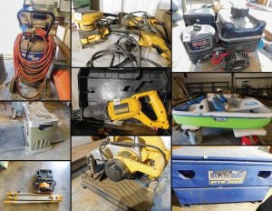 5/7 Shop Misc – Paddle Boat – Shelving – Power/Hand Tools – Air Compressor – Hardware – Wood