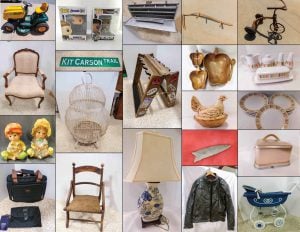 5/14 Furniture – Glassware – Décor – Riding Lawn Mower – China – Shelving – Bikes – Toys – Arrow Heads – Tools – Fishing