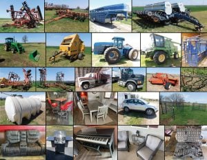 4/19  Tractors – Combine – Trucks – Trailers – Tillage – Cattle Equip – Tools – Vehicles – Hay Equip – Household