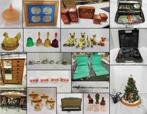 4/29 Pyrex – Drills – Swords – Furniture – Sewing/Fabric – Uranium Glass – Tea Cups – TomClark Gromes – Figurines – Fishing – Crocks