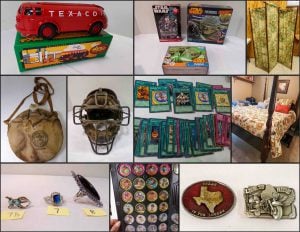 7/6 Comic Books – Trading Cards- Pfaltzgraff – Golf – Ertl Banks – Sports Memorabilia – Advertising – Bakers Rack – Ladders
