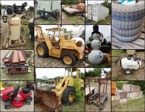 7/14 Conex Containers – Iron & Scrap Metal – Trailers- Shelving – Tools – Tractor – Tool Boxes – Forklift – Shop Fans- Welding Tables