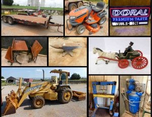 8/12  John Deere Loader – Trailers- Tools – Pipe – Air Compressor – Collectibles – Décor