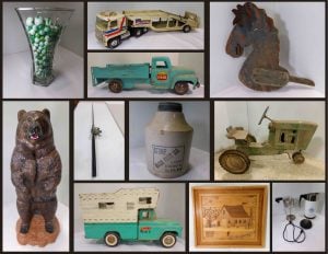 7/20 Vintage Toys Trucks & Tractors – Pedal Tractor – Hatchets – Marbles – Fishing – Sheds (Antlers)- Knives – Clowns – Match Books – Trucker Hats – Shop Fans