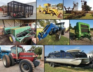 9/14 Several Tractors- Hay Equip – Tillage – 2016 Premier PTX Tritoon Boat – Trucks – Yale Hard Tire Fork Lift – Overhead Bin – Native Hay – Trailers – Cattle Equip – Harvest International Auger – 1998 Man Lift,120ft Boom