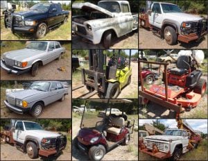 10/19 Ram Big Horn – Chevrolet Apache 31 – Tools – Clark Forklift – Bad Boy Mower – 1994 Ford Diesel – Trucks – Mercedes – John Deere Pedal Tractor – Scrap Iron – Golf Cart