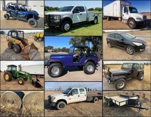 2/18 JD Tractor – Vehicles – Pick ups – Swather – Hay – Livestock Trailer – Truck – Freightliner – CAT Generator – Skid Steer – Snowmobile – Honda UTV