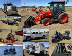 4/21 Tractor – Trailers- Camper, Semi – Skid Steer Attachments – Mowers – Trucks -Implements – UTV/Go Cart – Wood Working