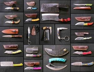 4/27 Damascus Steel – Pocket Knives – Cleavers – Serrated Blades- Daggers – Ulu – Key Chain Knives – Fixed Blades – Leather Sheaths