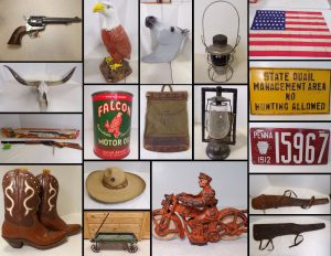 6/28 Country & Western Cowboy Auction Antiques – Collectibles – Hats- Yard Photos – 101 Ranch – Cap Guns – Holsters – Leather – License Plates – Signs – Boots- 46 Star American Flag