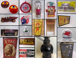 7/7 Advertising – Tobacciana – Vintage Auto Parts – Tin Toys – General Store – New Old Stock Inventory – Lanterns – Pickle Casters – Decanters – Cast Iron – Porcelain Signage – Wood Creates – Petroliana – License Plate