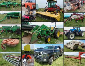 7/13 Tractors – New Holland Swather – Tillage – Dodge Feed Truck – Hay Equip – Trucks – ATV’s – Service Trailer – Mowers – Tools – Gates