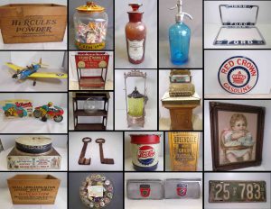 8/10 Pickle Casters – Bakelite – Advertising – Apothecary – Soda Fountain – Mini Sewing Machines – Porcelain Signs – Petroliana – Wood Crates – License Plates – Car Parts – General Store – Tobacciana – Pop Bottles – Toys