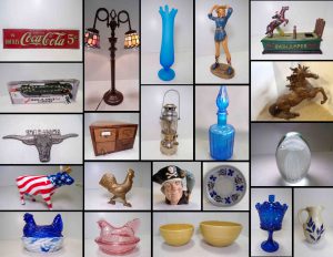 9/15 Perfume Bottles – Character Mugs – Toby Jugs – McCoy Pottery – Trucker Hats – Western Saddles – Horse Tack – Pottery – 101 Ranch Studio – Paper Weights – Art Glass – Cobalt Blue Glassware – American Flag – Wood Boxes
